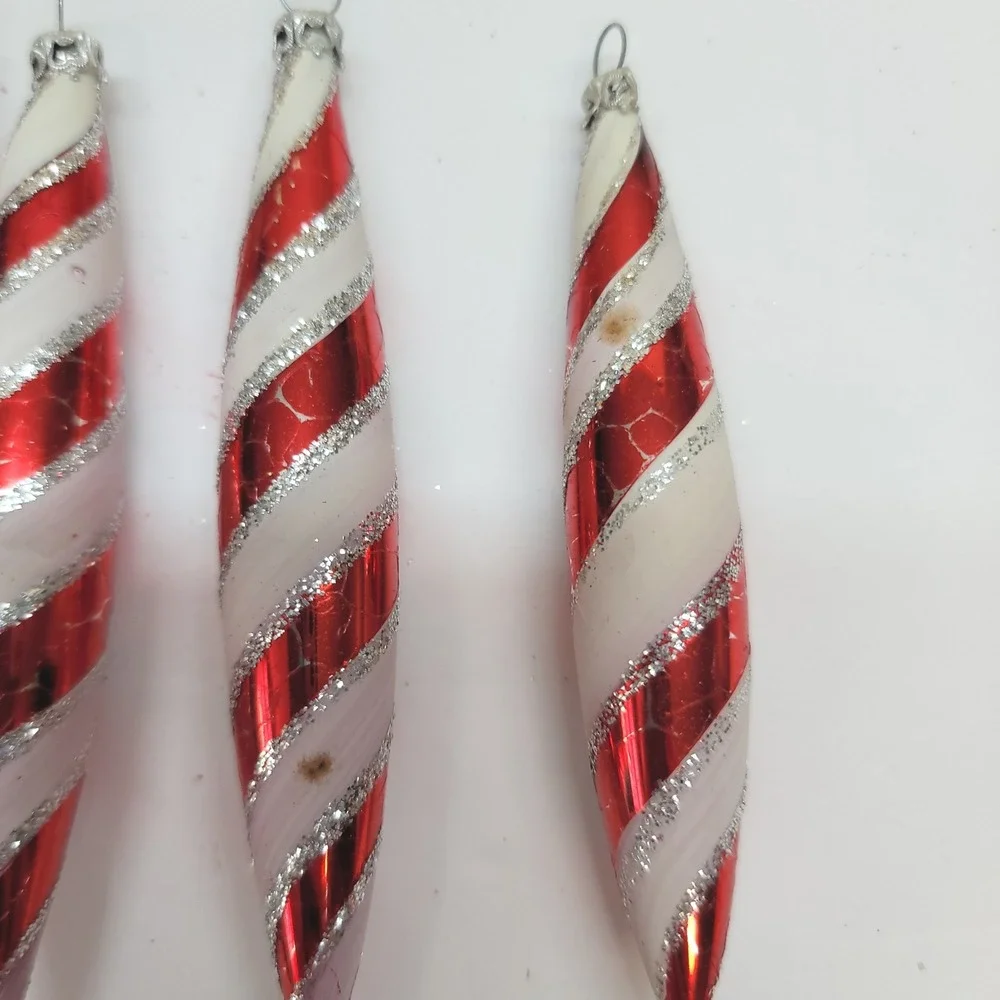Columbia Red White Candy Cane Striped Glass Icicle Christmas Ornaments Set of 6